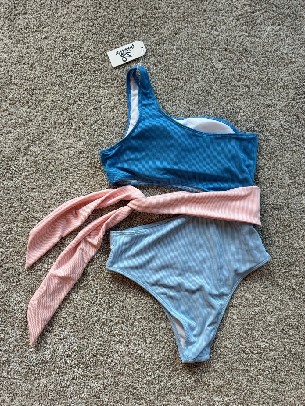 Womens Ribbed One-Shoulder Bikini Cutout High-Waist Tie Belt Swimsuit Size Large - Picture 6 of 8